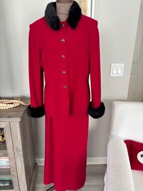 Vintage Kasper ASL 2 Piece Skirt Suit Wool w/ Faux Fur Collar Women’s Size 12